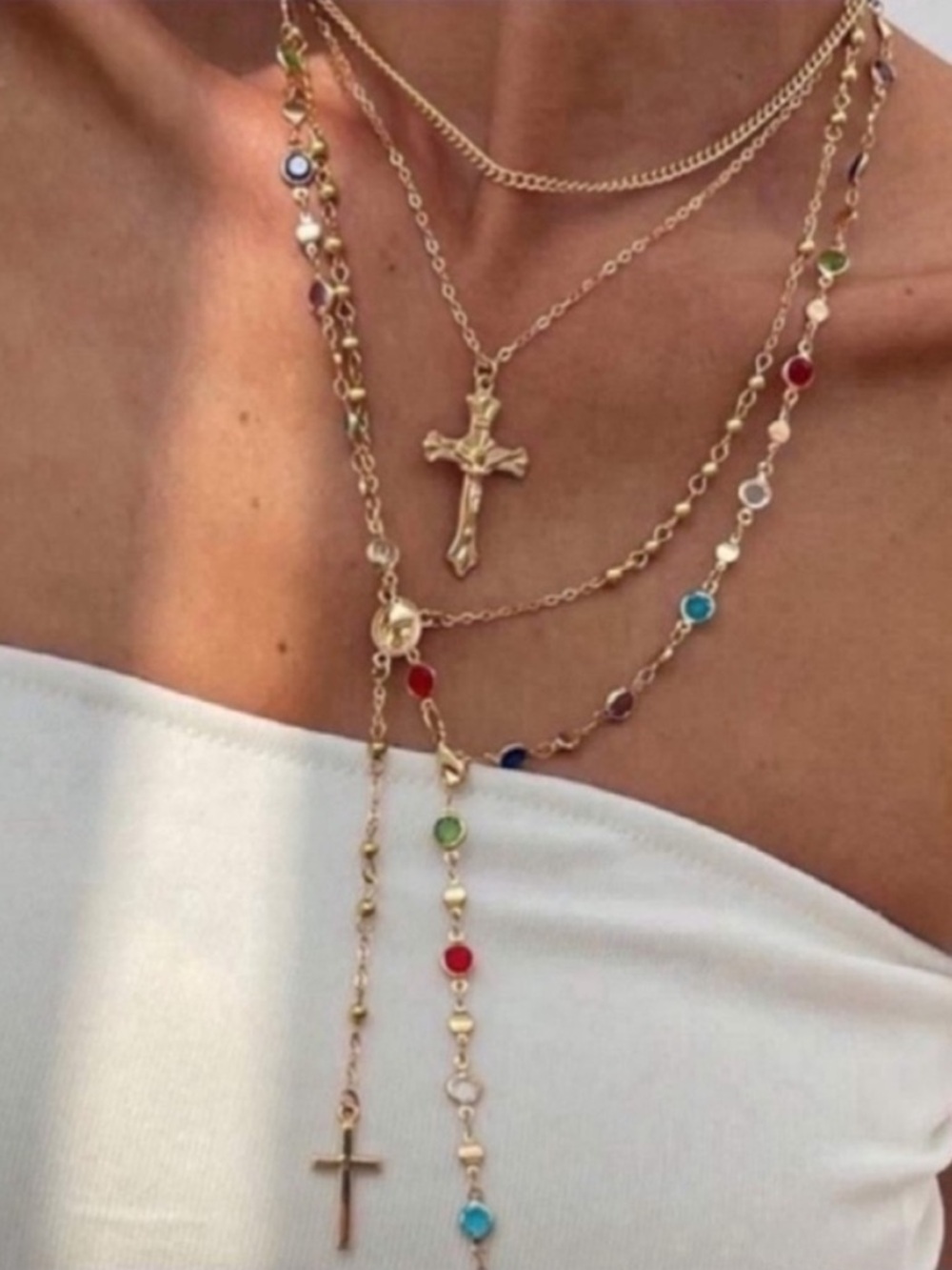 New! Gold Multicolor Cross Rosary Necklace Stack (3040) NWOT